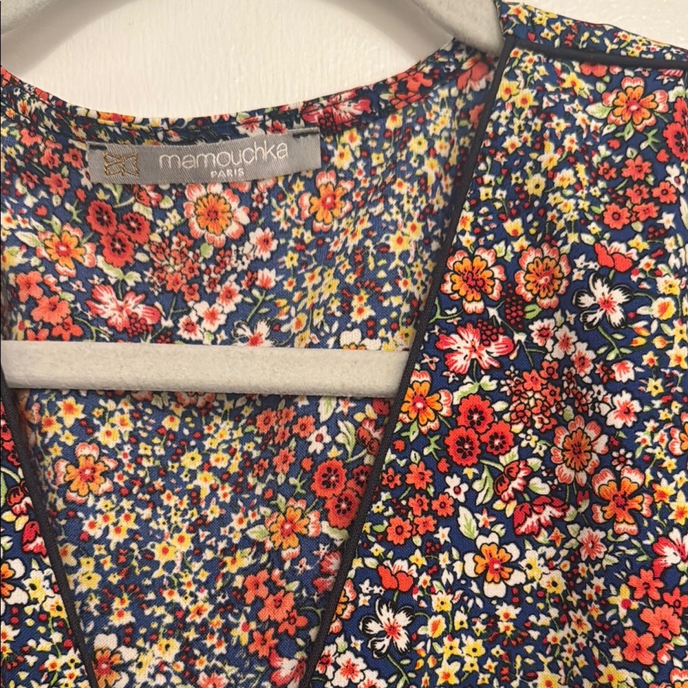 MAMOUCHKA Paris Floral V-Neck Dress - Navy with Coral & Yellow Flowers